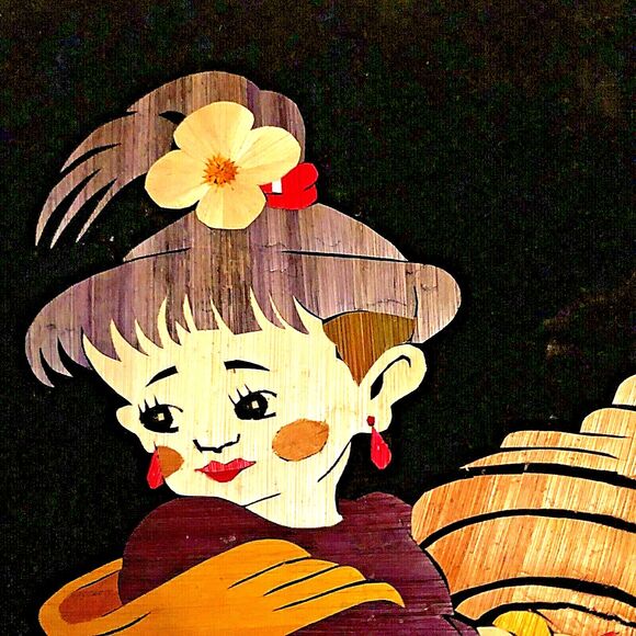 Velvet Folk Art Japanese Girl Handcrafted Rice Straw Unframed w/Hook Vintage - Picture 2 of 7